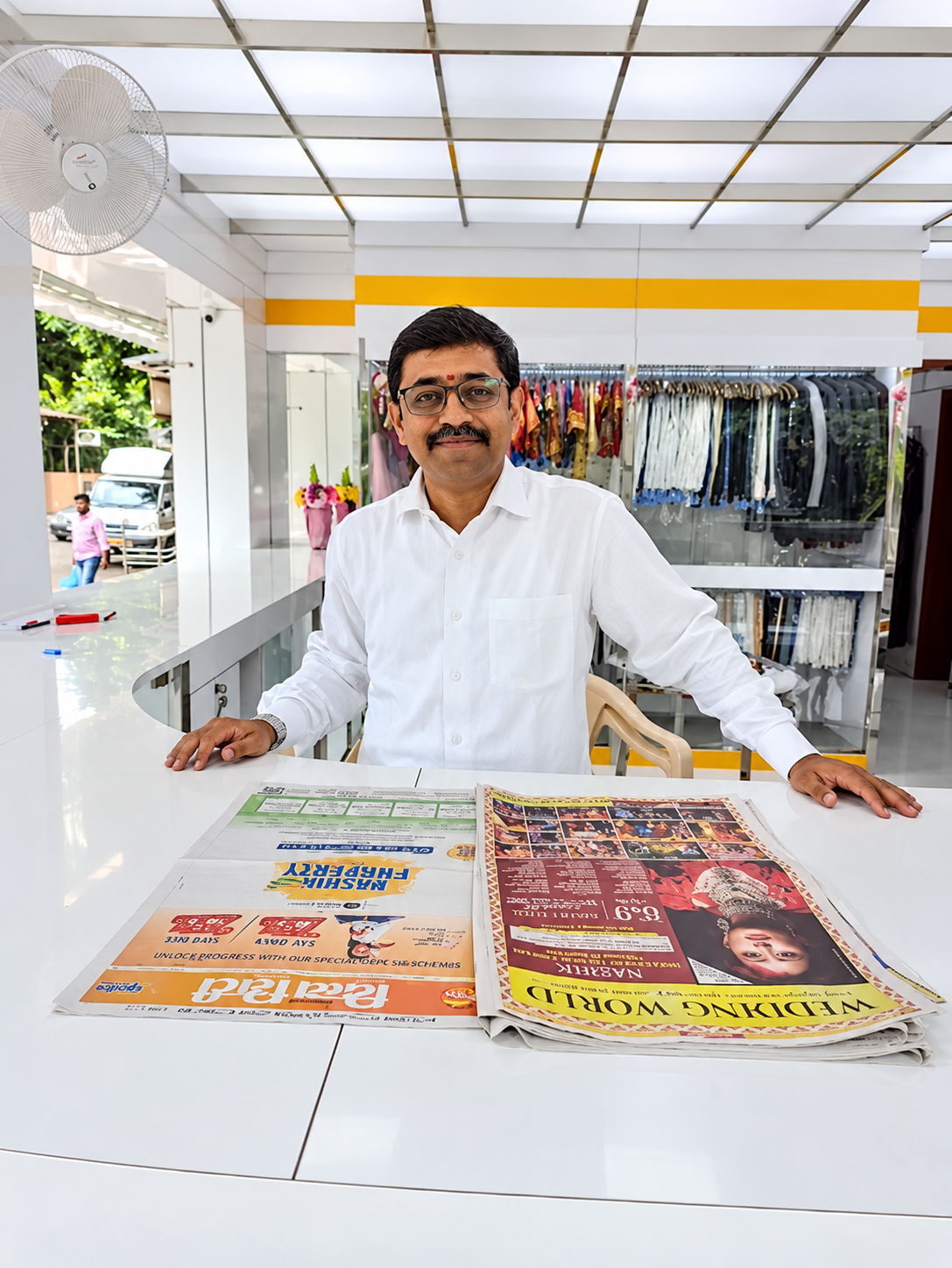 Friendly Shopkeeper Behind Newspaper-Covered Counter